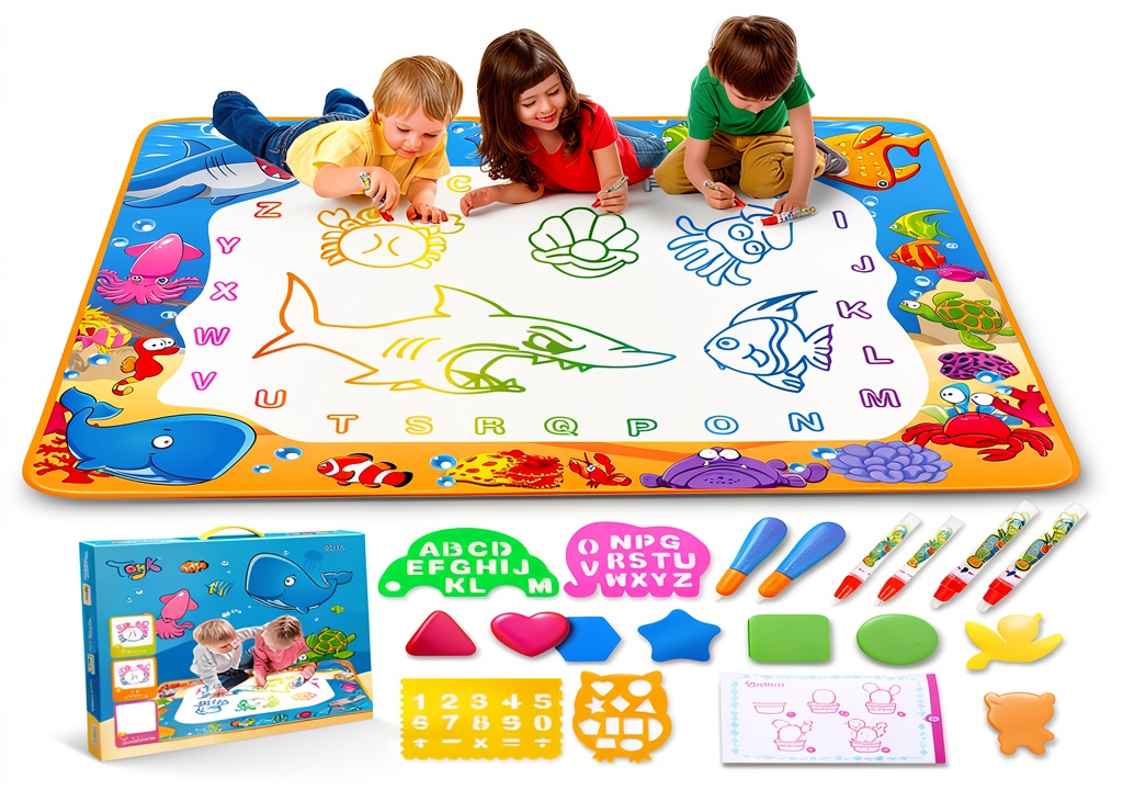 Installing Toyk Water Doodle Mat Ocean Extra Large Kids Drawing Toy on a wooden floor