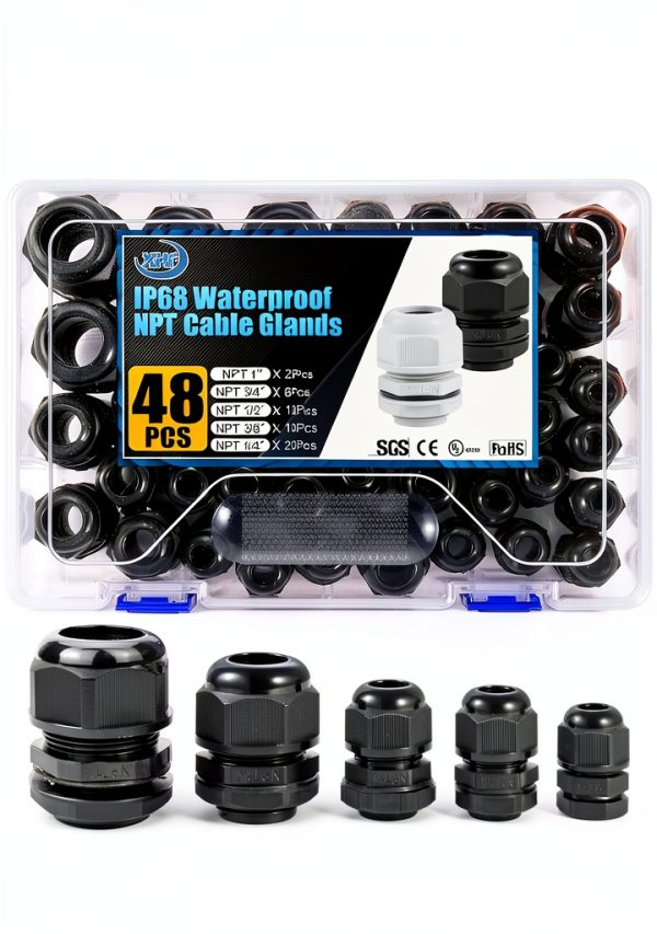 IP68 Nylon Waterproof NPT Cable Glands Kit 48pcs by XHF Black-0